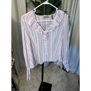 i.e. womens Striped Ruffle Collar 100% Silk Blouse Size 10 Pink Blue White